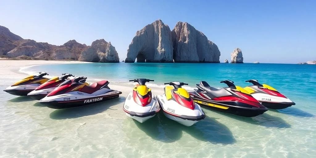 Jet skis at Jet Ski Rental in Los Cabos: Company Guide on sandy beach, rock formations