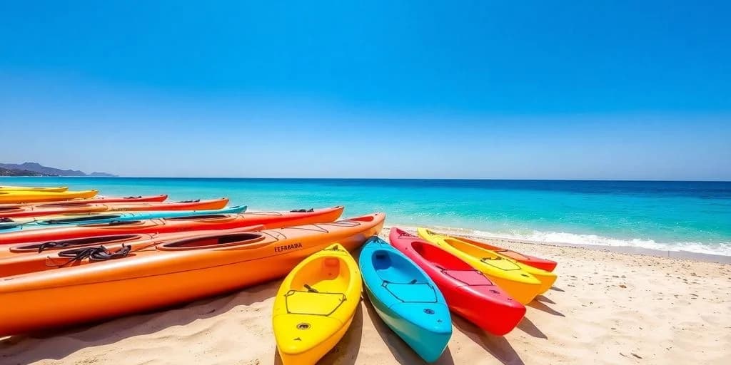Colorful kayaks at Kayak Rental Options in Los Cabos: Price Guide on sandy beach, ocean beyond