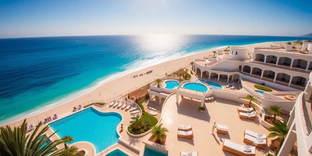 Resort aerial 2 at Le Blanc Los Cabos: Indulge in Luxury Today! multiple pools, beach, ocean beyond