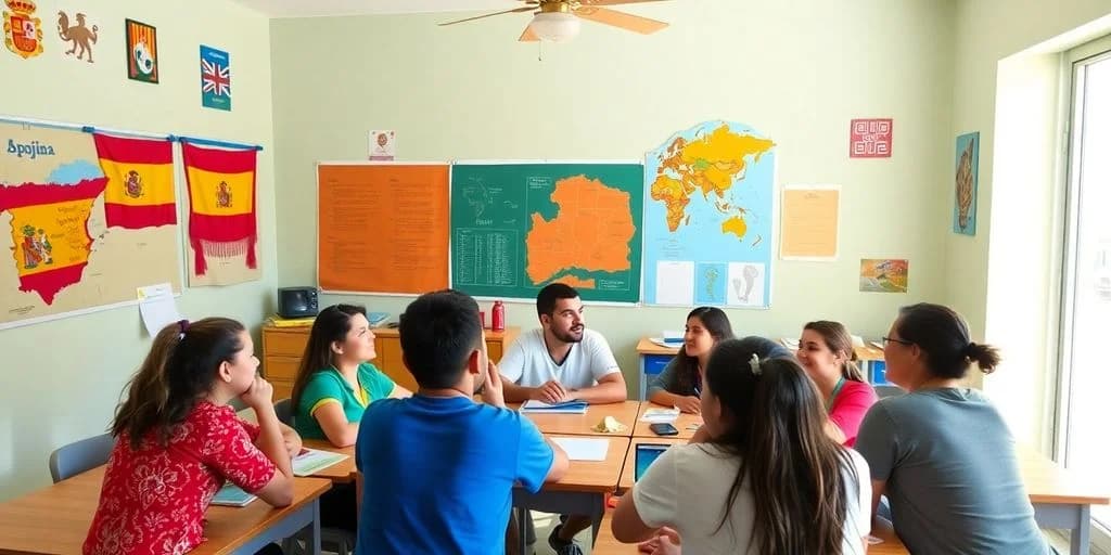 Classroom discussion at Learning Spanish in Los Cabos: School Comparison Guide with students, maps on wall
