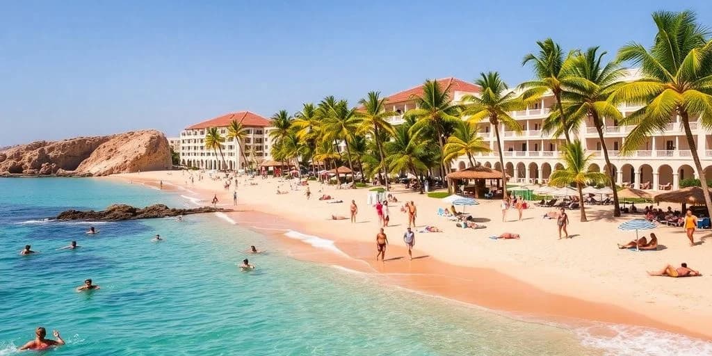 Beach resort at Los Cabos All-Inclusive Resorts: Deals You Can't Miss! people walking, palm trees, buildings