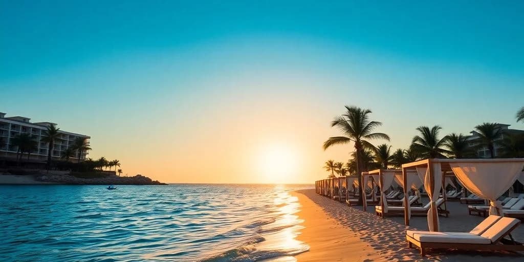 Beach sunset 2 at Los Cabos Hilton: Luxury AwaitsâBook Now! golden light, cabanas, palm trees