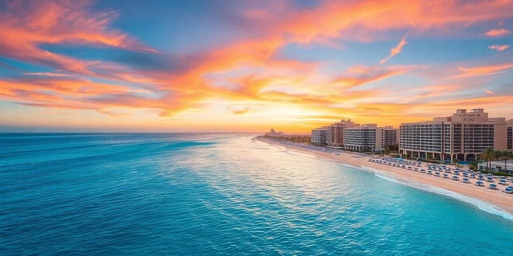 Beach aerial at Los Cabos Hotels Offering Unbeatable Deals! at sunset, with buildings