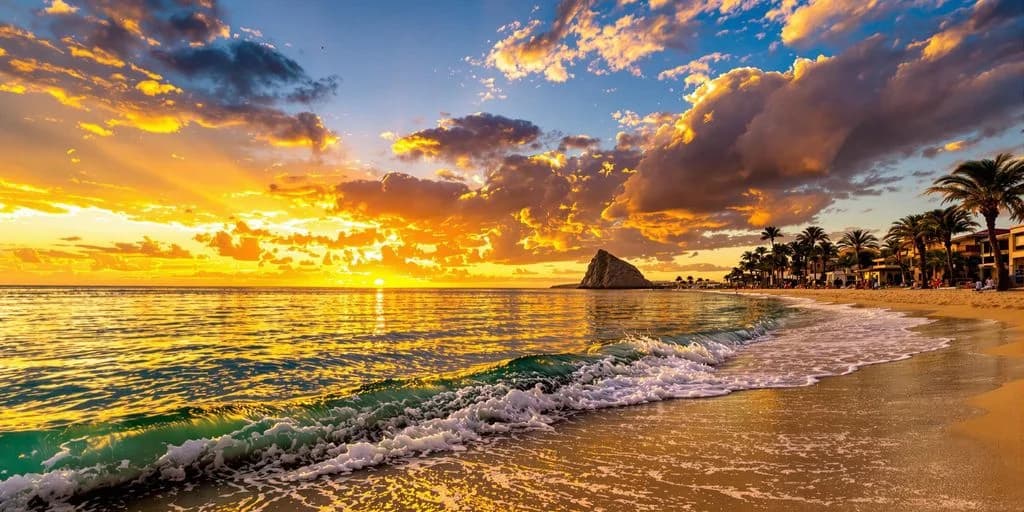 Beach sunset at Los Cabos Itinerary: What You Need to Know with ocean waves, rock formation