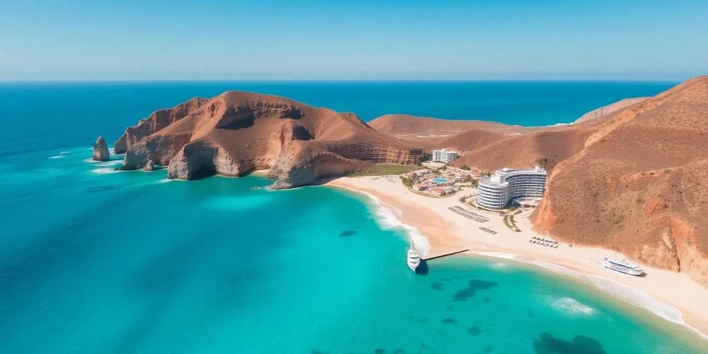 Bay aerial at Los Cabos Like Never BeforeSee It Now! with resort and boat