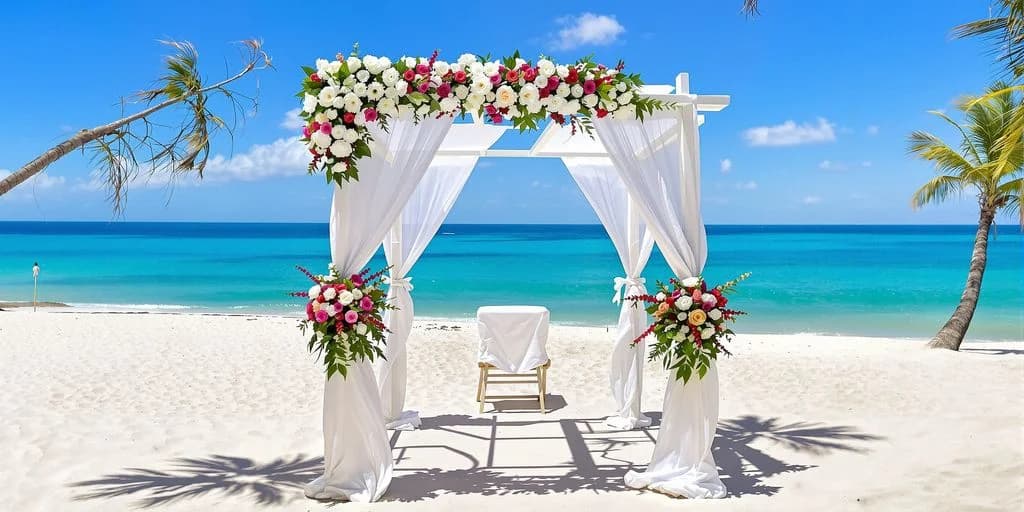 Wedding arch at Los Cabos Resort Wedding Packages vs Caribbean Resort Prices on beach, with ocean beyond