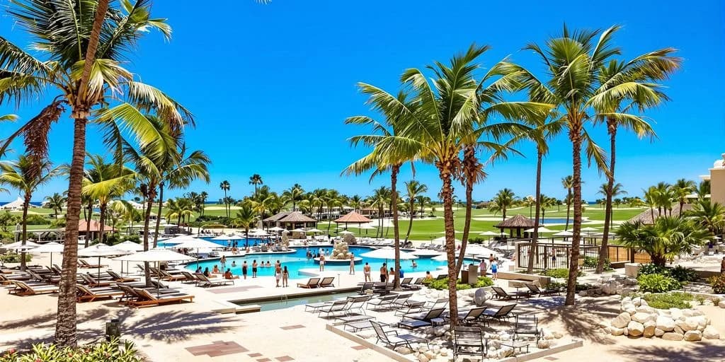 Resort pool 4 at Los Cabos Resorts With Private Beach Clubs & Golf Courses with people and golf course