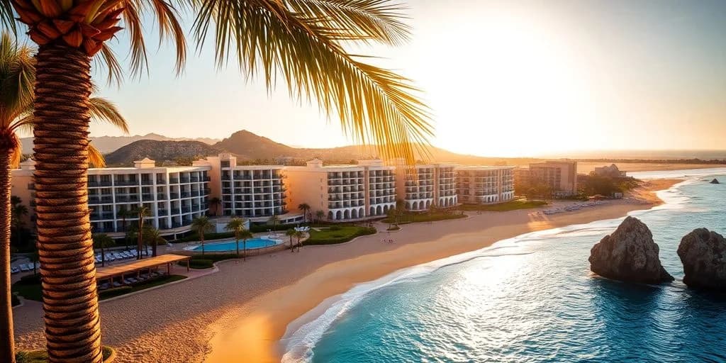 Beachfront resort at Los mejores hoteles en Cabo San Lucasâ¡No te conformes con menos! aerial view, at sunset