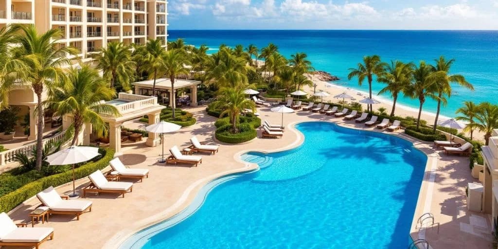 Resort pool area at Luxury and Comfort Combined at Riu Palace Cabo with ocean and palm trees