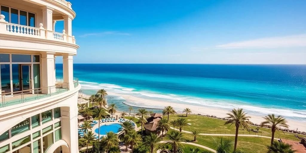 Beach and ocean at Luxury at Its Finest in Waldorf Astoria Los Cabos aerial view, resort pool below