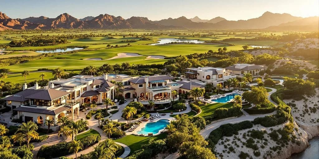 Luxury estate aerial at Luxury Living and World-Class Golf in Diamante Cabo with golf course, mountains beyond