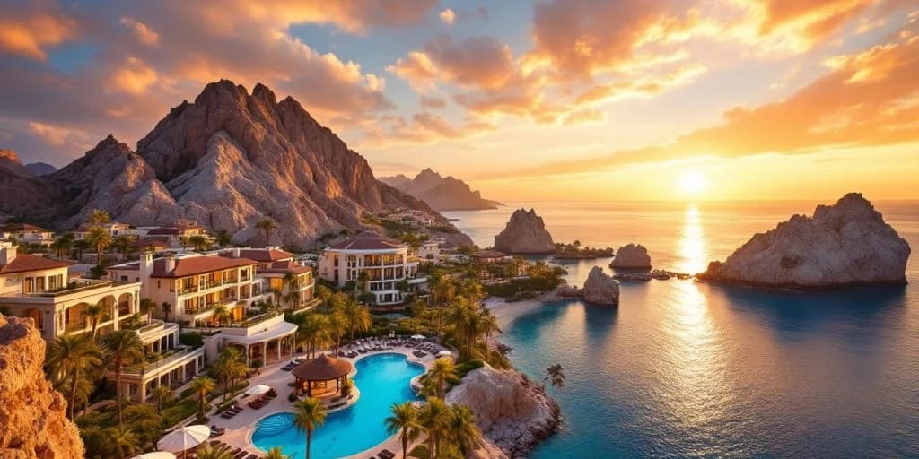Coastal resort at Luxury Living at Land's End in Grand Solmar Cabo at sunset, with rock formations
