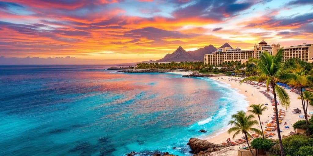 Coastal sunset at Luxury Redefined at Hilton Los Cabos Beach & Golf Resort with resort, mountains, colorful sky