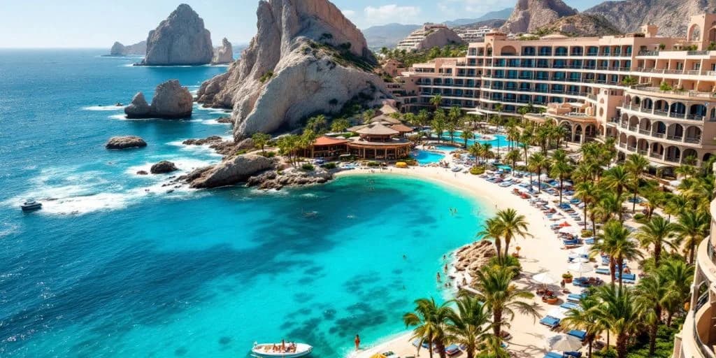 Resort beach aerial at Luxury Redefined at the Best All-Inclusive Resorts in Cabo San Lucas with rock formations, turquoise