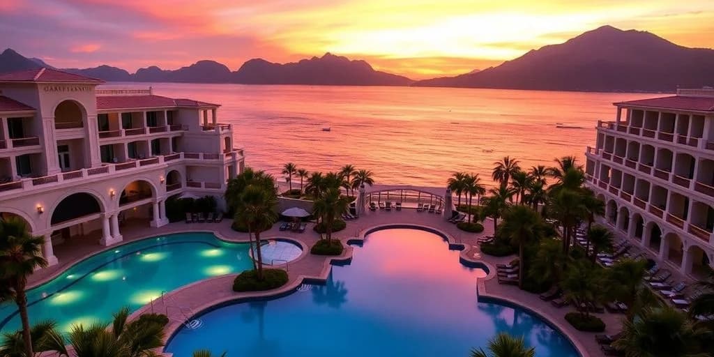 Resort pools at Luxury Redefined Inside Garza Blanca Resort & Spa Los Cabos at sunset, reflecting colorful sky