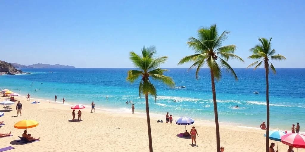 Sunny beach at March in Cabo: Weather, Events & What to Pack with people, palm trees, blue ocean