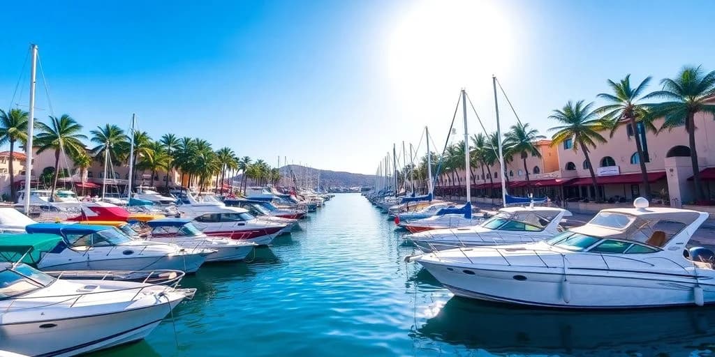 Boat marina at Marina Events Calendar Los Cabos with many boats, clear sky