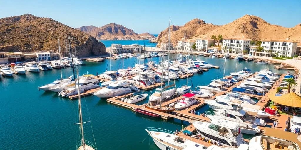 Marina boats at Marina Events in Cabo: 2026 Calendar with mountains and buildings