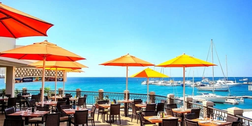 Outdoor dining at Marina Restaurant Prices in Los Cabos with ocean and boats beyond