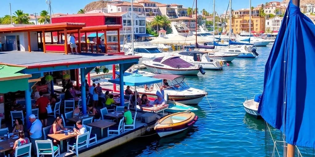 Marina dining at Marina Restaurants in Cabo: Price Comparison people dining on dock