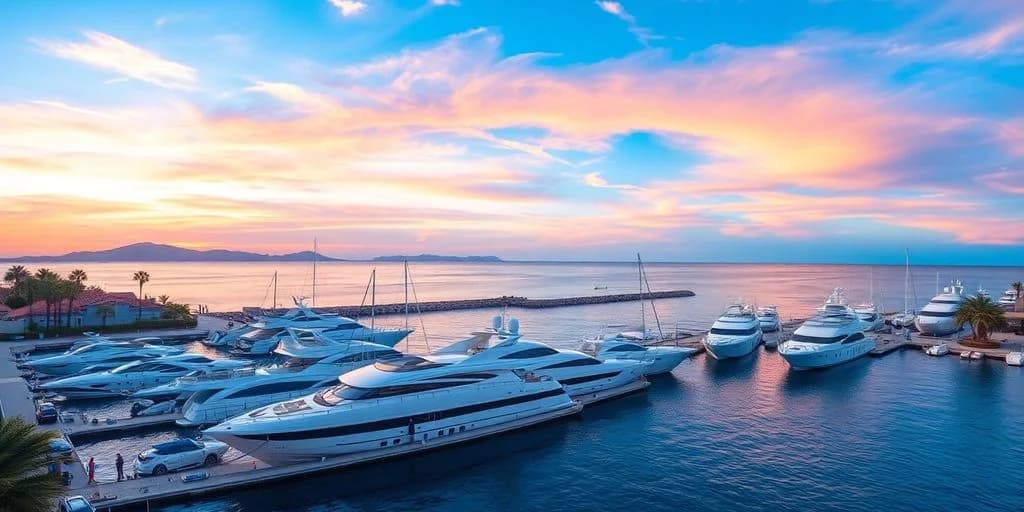 Marina yachts at Marina Security Services in Los Cabos at dusk, colorful sky