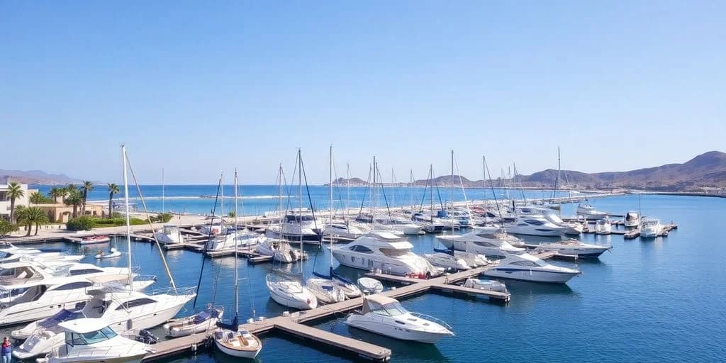 Marina boats 2 at Marina Slip Rental in Los Cabos: Guide many boats, clear blue sky