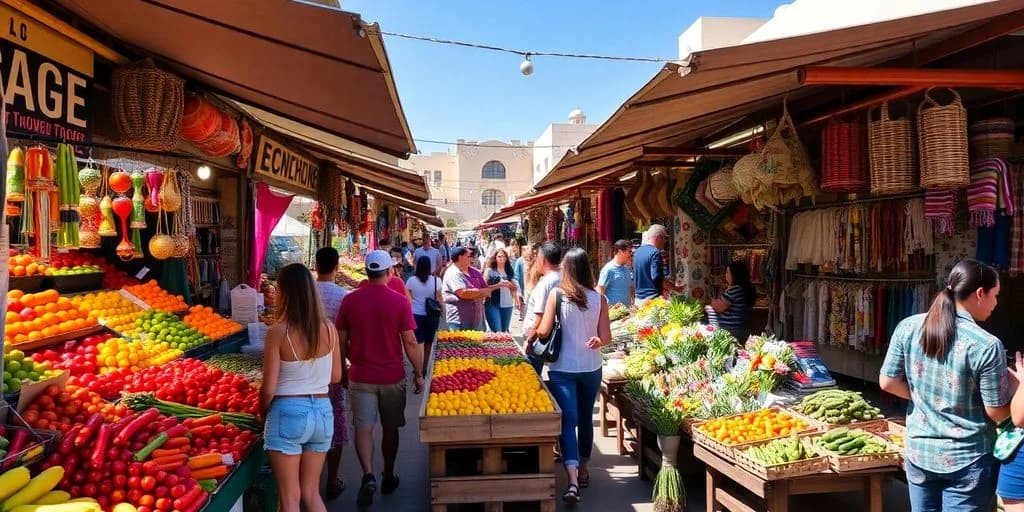 Market stall at Market Prices in Cabo: Local vs. Tourist with people shopping, sunny day