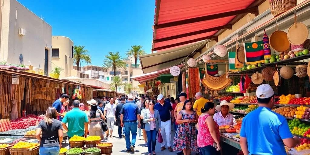 Market street at Market Tours in Cabo: Company Guide with people walking, sunny day