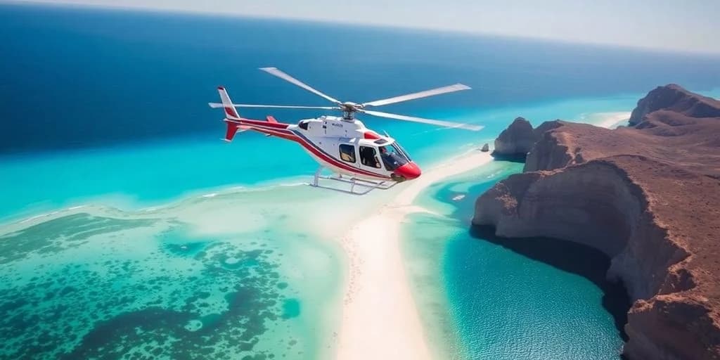 Helicopter aerial at Medical Evacuation from Cabo: Guide flying over tropical beach