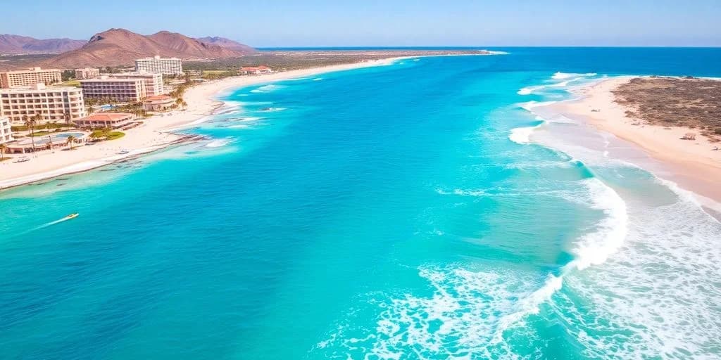 Tropical coastline at Mejores ofertas todo incluido en Cabo ¡Tiempo limitado! with turquoise ocean, aerial view