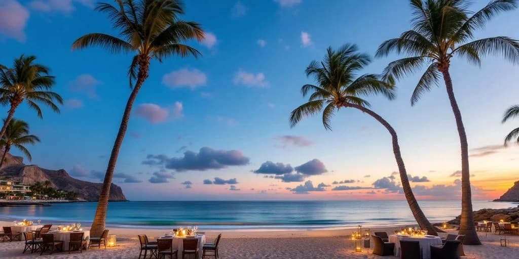 Beach dining at Most Romantic Resorts in Cabo at sunset, with palm trees