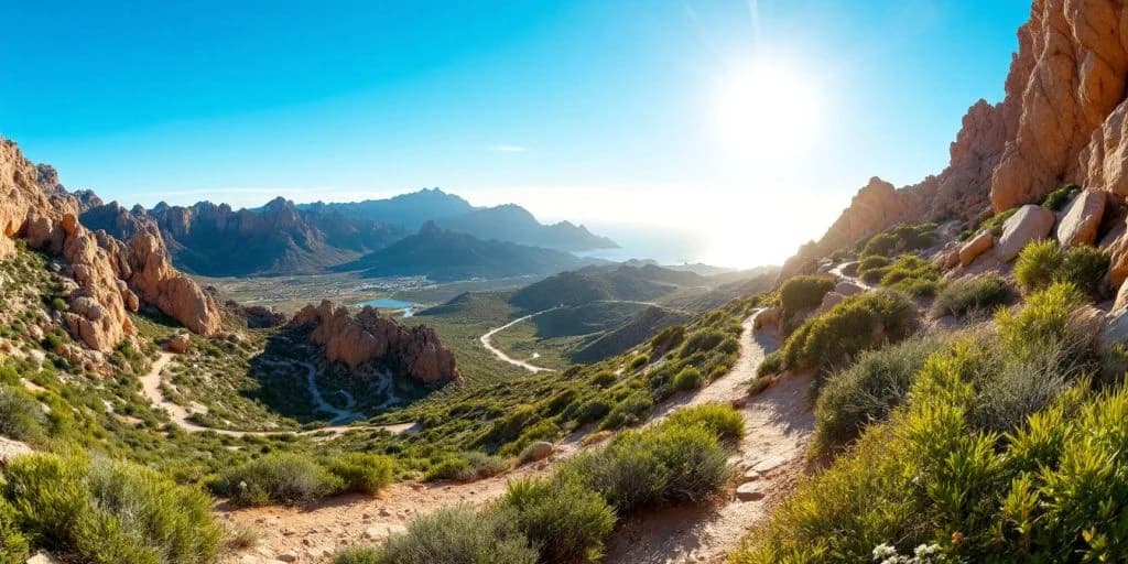 Mountain landscape at Mountain Biking Trails in Cabo winding road, ocean in distance