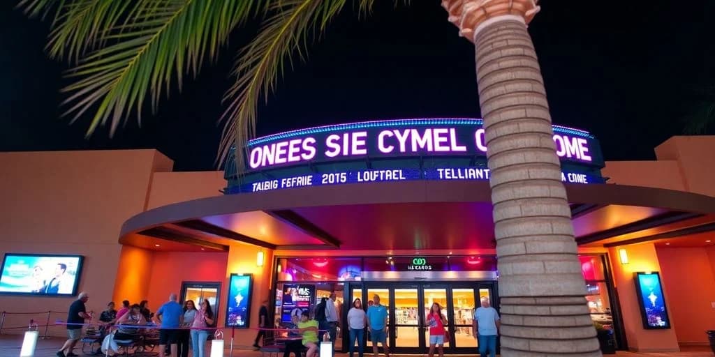 Building exterior at Movie Theaters in Los Cabos: English Movies Guide neon sign, people entering at night