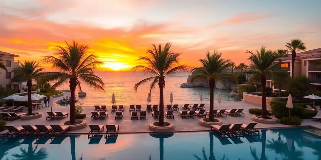 Resort pool at Must-See Cabo ResortsDon't Settle for Less! at sunset, ocean beyond