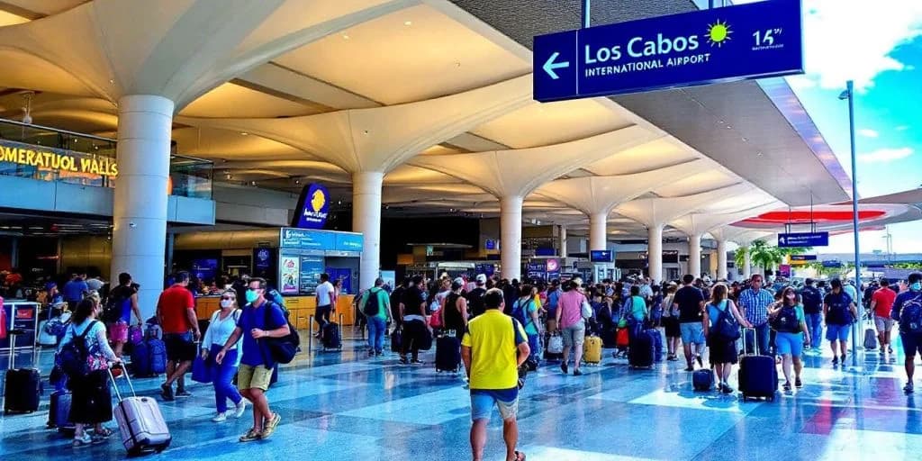 Airport terminal at Navigating Los Cabos International Airport Like a Pro people walking, blue sign