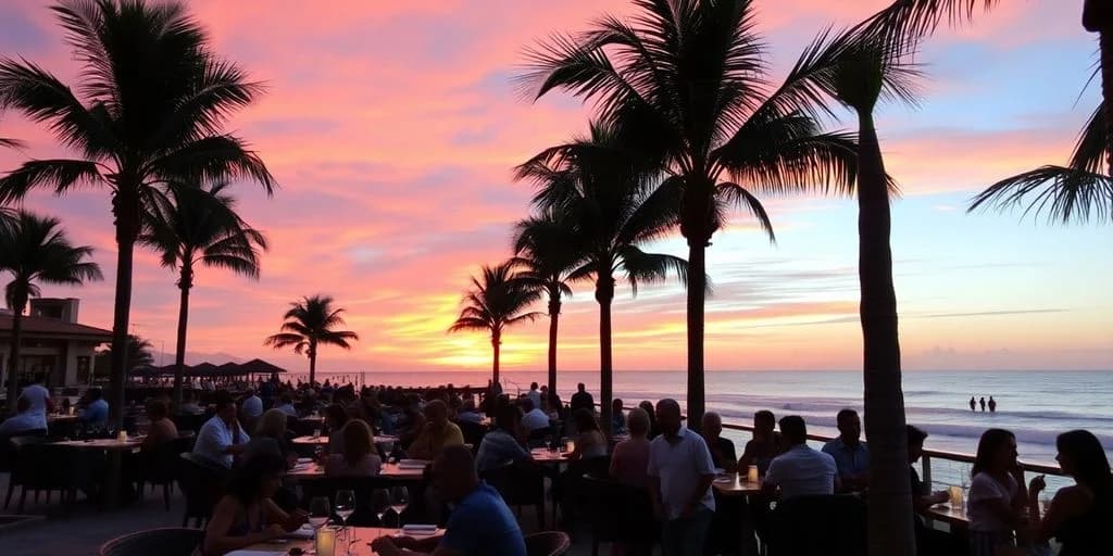 Outdoor restaurant at Nobu Cabo San Lucas: ¡El lugar más caliente revelado! at sunset, palm trees silhouetted