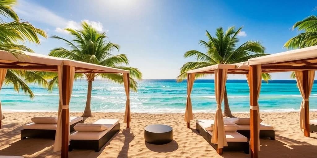 Beach cabanas at Nobu Los Cabos: ¡Experimenta el lujo supremo! with ocean beyond, sunny day