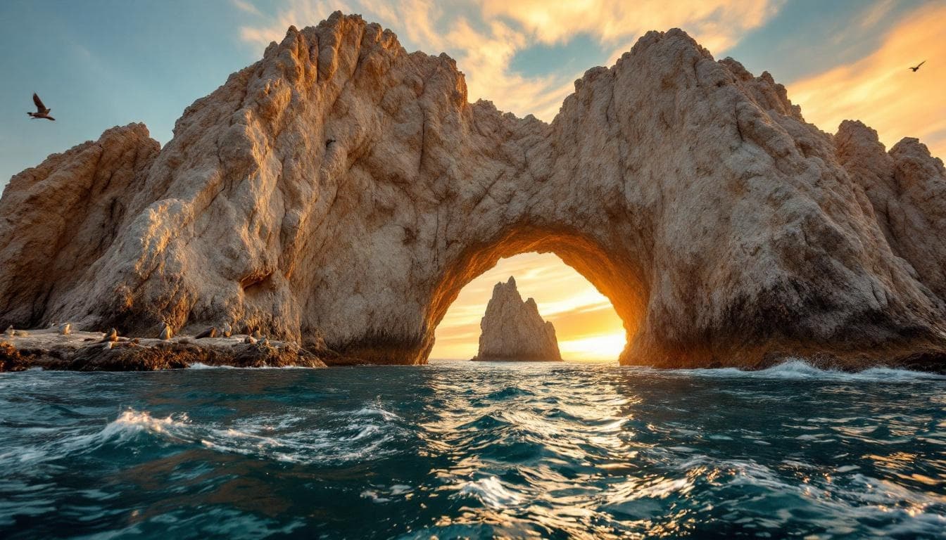 Rock arch at <h1>NYE Cabo 2026: Best Parties to Ring in the New Year</h1> over ocean, at sunset