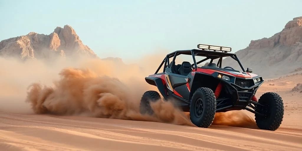 Dune buggy at Off-Road Racing Adventures in Cabo kicking up sand, desert