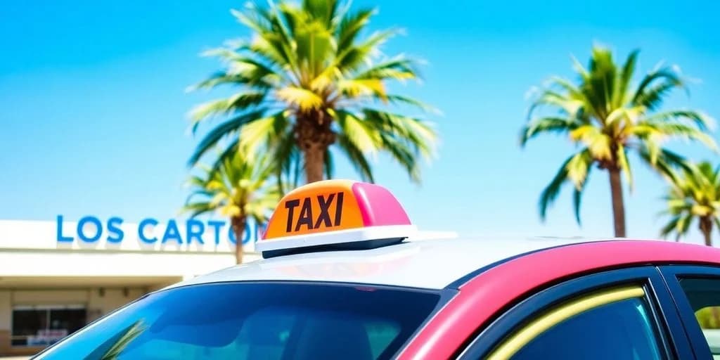 Taxi sign at Official Taxi Rates from Los Cabos Airport on car roof, palm tree