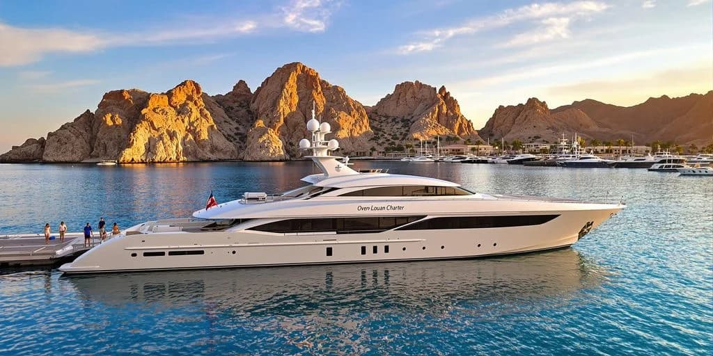 Luxury yacht at Overnight Cabo Yacht Charters: $5,000-$10,000 vs Hotel Suites in harbor, mountains beyond