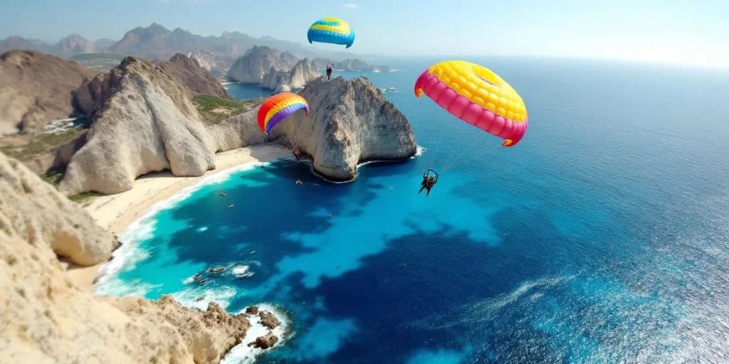 Paragliding over ocean at Parasailing Adventures in Cabo multiple paragliders, rocky coast