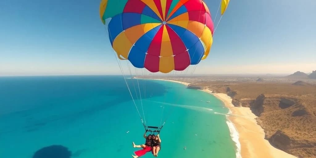 Tandem parasailing at Parasailing Costs in Los Cabos: Company Guide over ocean, beach below