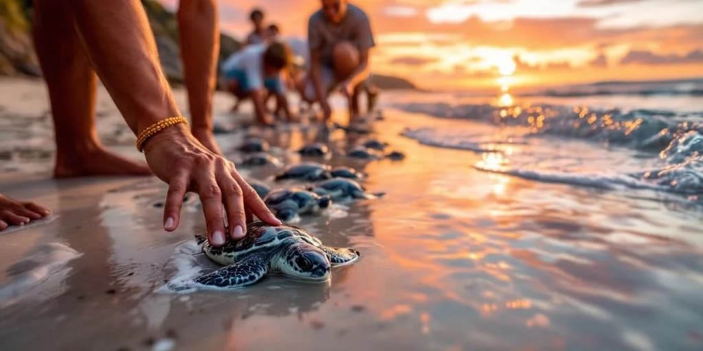 Baby sea turtle at Participate in a Sea Turtle Release in Cabo on beach, at sunset