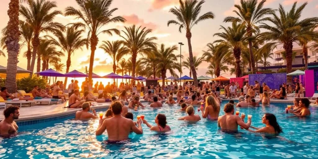 Pool party at Party Like a Rock Star at Hard Rock Hotel Los Cabos at sunset, many people