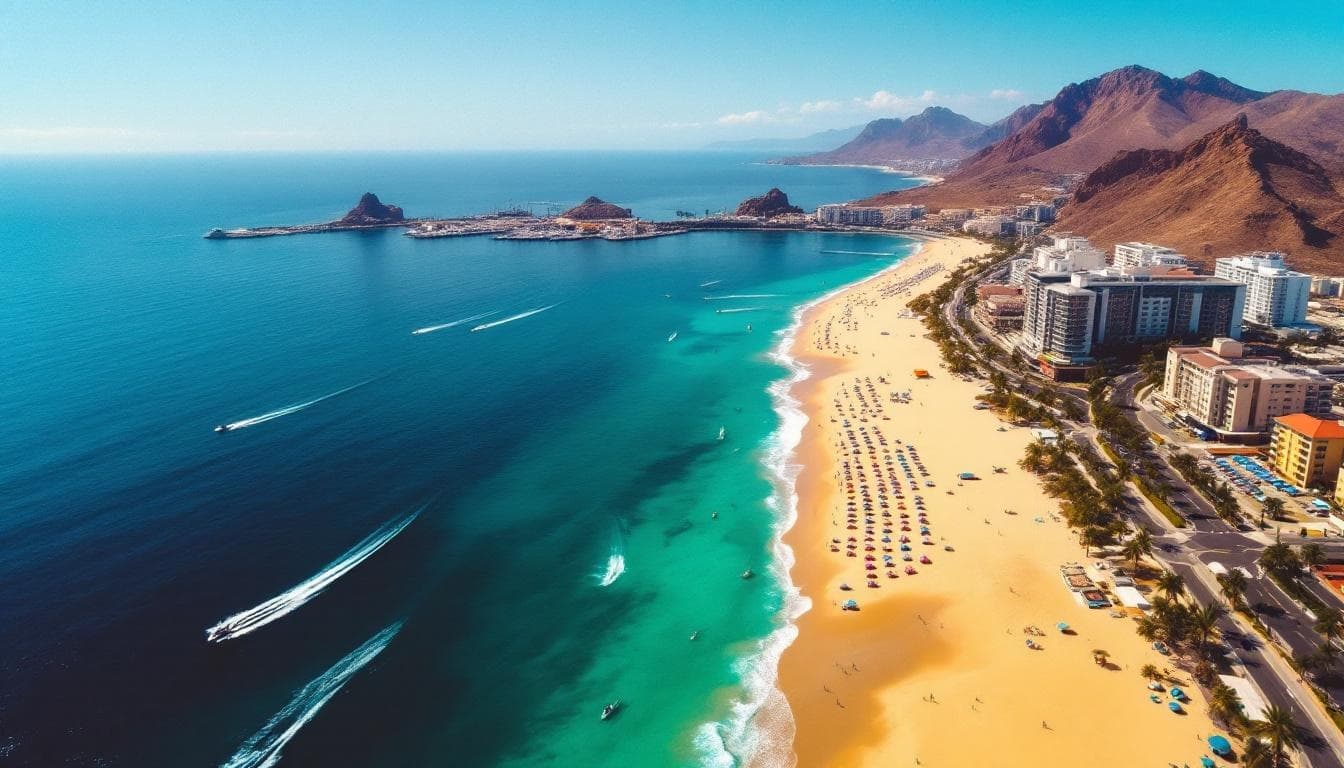 Beach aerial at Pedregal Cabo San Lucas: Your Guide to Luxury Villa Living with marina and boats