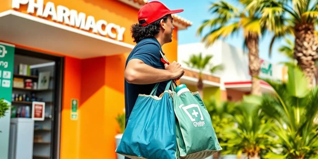 Person carrying bags at Pharmacy Delivery Services in Cabo: What You Need to Know in front of orange building