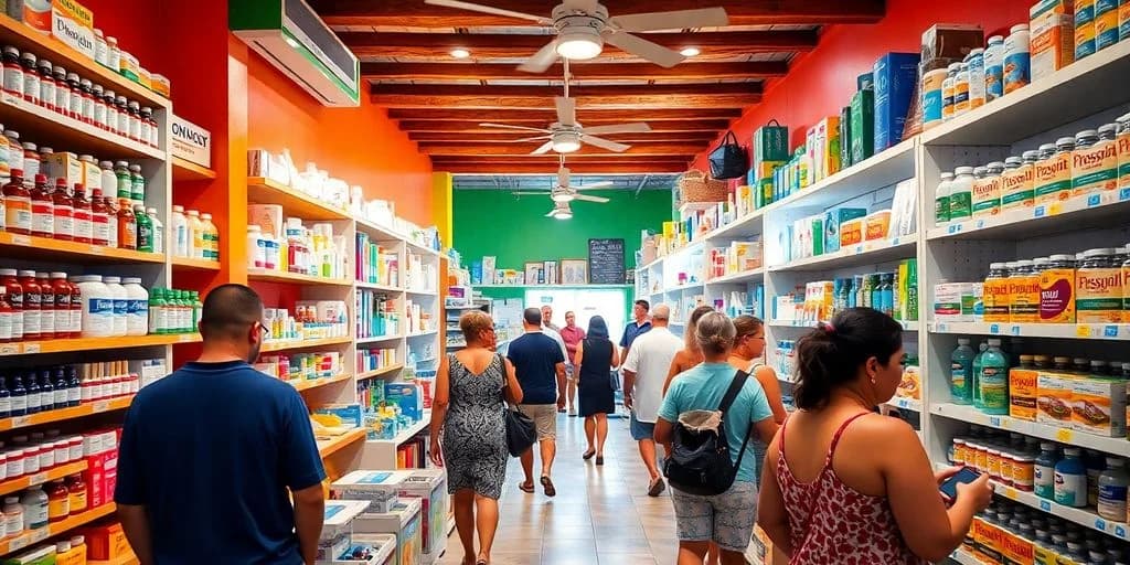 Store interior at Pharmacy Prices in Cabo: What Tourists Need to Know with people shopping