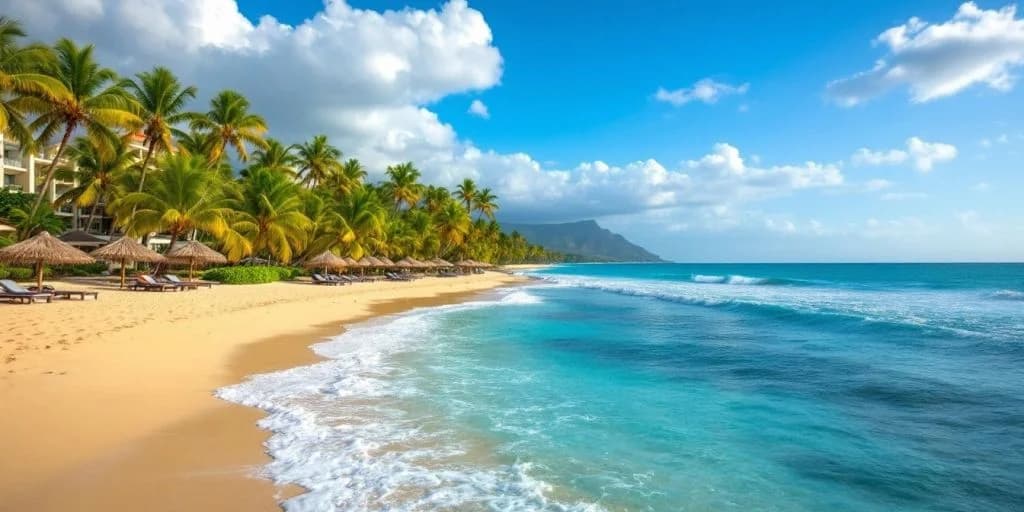 Tropical beach at Playa Grande Resort Cabo Is a Seaside Paradise with palm trees and umbrellas