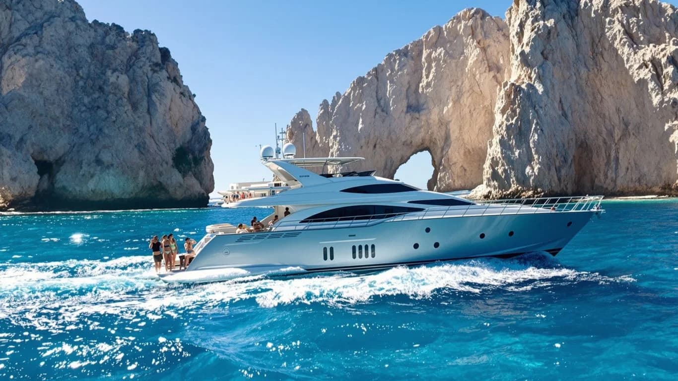 Luxury yacht 1 at Private Cabo Adventure Tours vs Group Excursion Pricing near rock formations